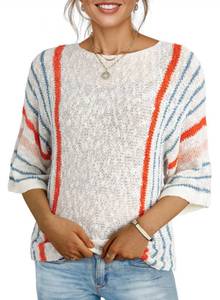 lot 14176 image: Dokotoo Womens Sweaters 2026 Spring Summer Casual Crewneck Color Block Striped 34 Sleeve Loose Lightweight Crochet Knit Trendy Pullover Sweaters for Women Tops Shirts White Small