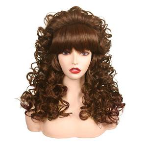 lot 14181 image: FantaLook 80s Long Curly Vintage Cosplay Wig with Bang for Women 60 70s Queen Costume for Halloween Party (Brown)