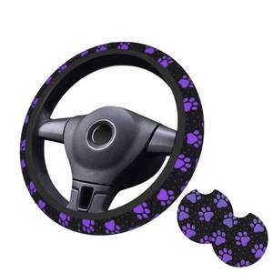 lot 14199 image: Purple Paw Print Steering Wheel Cover Dog Paw Print Steering Wheel Cover Anti-Slip Breathable Universal for 15 Inch Car with 2 Pieces Car Coasters Suitable for Men Women
