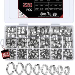 lot 14205 image: Hydencamm 220PCS 16 Sizes Ear Clamps, 5.3-31.1mm 304 Stainless Steel Crimp Clamps, Stepless Adjustable Cinch Clamps for Automotive, Home Appliance Line, Plumbing and Industrial Use