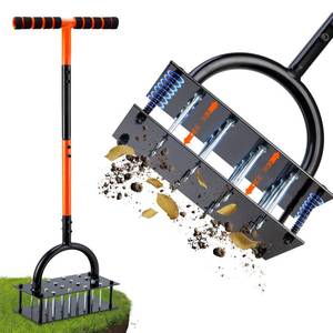 lot 15747 image: Bluesea Lawn Aerator Tool - 16 Iron Spikes with Ergonomic T-Handle, Automatic Dirt Clean for Soil Loosening & Yard Aeration, Manual Metal Grass Aerator (Black - Orange)