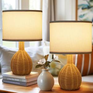lot 15771 image: VELXEE Rattan Table Lamp Set of 2 - Natural Woven Design, 15W LED Bulb Included, Modern Boho Style Nightstand Lamps for Bedroom, Living Room, or Office Decor missing one lampshade