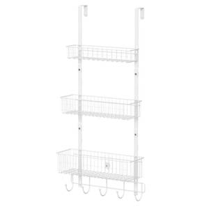 lot 15775 image: CADUKE Over The Door Organizer Hanger with Basket Hanger Door Towel Rack with 5 Hooks Back of Door Storage Organizer Behind Door Hooks Hanger Shelf for Bathroom, Kitchen, Office, White