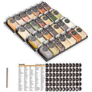 lot 15781 image: SpaceAid Spice Drawer Organizer with 28 Spice Jars, 386 Spice Labels, 4 Tier Seasoning Rack Tray Insert for Kitchen Drawers, 13 Wide x 17.5 Deep