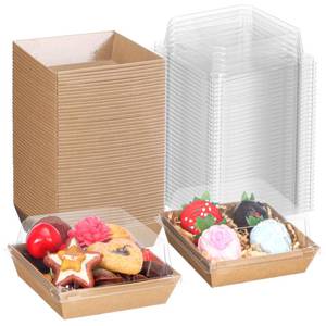 lot 15784 image: ROSPAKTEK 60 Pack Bakery Boxes - 4x4x2.5 Inch Charcuterie & Treat Boxes with Clear Lids - Perfect for Chocolate Covered Strawberries, Mini Cakes, Macarons & Party Favors