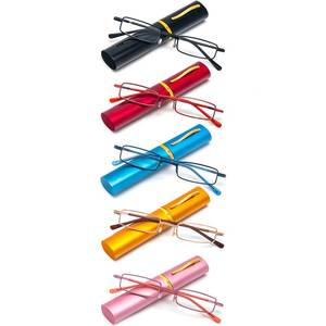lot 16093 image: REAVEE 5 Pack Slim Portable Reading Glasses for Women Men, Computer Blue Light Blocking Small Readers Metal Frame Spring Hinge with Pocket Compact Pen Case, Black Red Pink Blue Gold 2.25