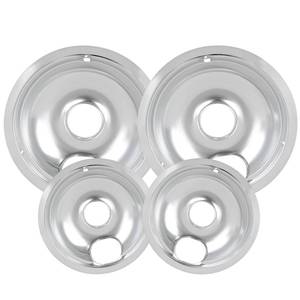 lot 16111 image: 4 Pack Chrome Drip Pans, Compatible with Whirpool Kenmore Frigirate Stove Top Drip Bowls. Include 2 Pcs 6 Range Replacement Drip Pans and 2 Pcs 8  Cooktop Drip Pans
