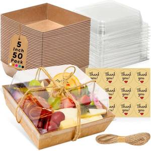 lot 16128 image: Leafiew 50 Pack Small Charcuterie Boxes with Clear Lids - To Go Paper Mini Charcuterie Box, Disposable Food Containers, 5Inch Dessert Boxes - Sandwich, Cookie, Sushi, Cake Slice, Strawberries (Brown)