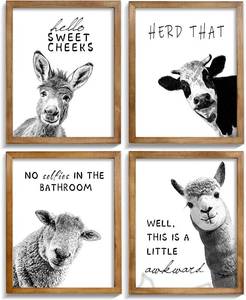 lot 16155 image: HUACANVASART Funny Bathroom Wall Art Prints, Black & White Llama Cow Sheep & Donkey Animal Art, Set of 4 (8x10 inch, Unframed), Perfect for Bathroom & Home Office,Home Office Decor,Set of 4(8��X10��inch,Unframed).