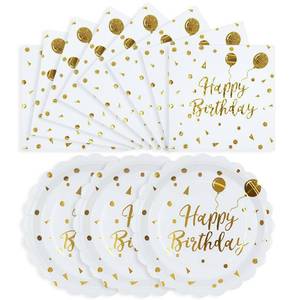 lot 16177 image: HFBOBP 50PCS Happy Birthday Paper Plates and Napkins - 7 Inch Birthday Cake Plates Scalloped White and Gold Dessert Plates and 6.5 Inch Napkins Disposable Tableware Set, Serves 25