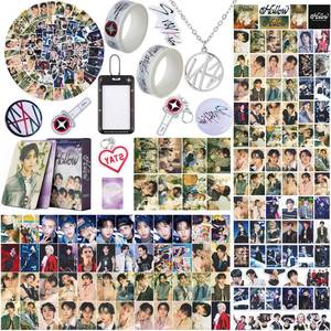 lot 16213 image: Yanmzmin Stray Merch Gifts Set, Including 55 Postcards, 96 Stickers, 2 Keychain, 2 Pins, 2 Paper Tape, 2 Fridge Magnet, ID Badge Holder, Pocket Notebook and Pendant for Skzs Stays Fans Gifts