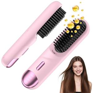 lot 16216 image: Go Brush Pro 2026 Hair Iron Straightener Brush 300M Negative Ions, Portable Mini Hair Straightening Comb for Women with 4 Temps Fast Heating MCH Ceramic Coating Smooth Frizz Hair Travel Gift Pink