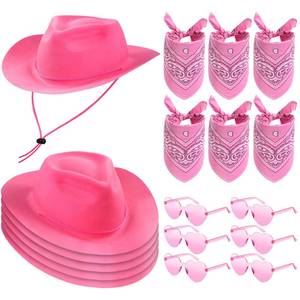 lot 19478 image: Newcotte 18 Pcs Western Cowboy Hat Set Include 6 Felt Cowgirl Hats 6 Paisley Bandanas 6 Pairs Heart Glasses for Party Costume(Pink)