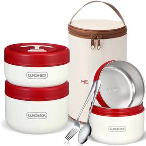 lot 19485 image: Dandat 3 Pcs Portable Insulated Lunch Container Set for Adult, Stackable Stainless Steel Bento Box for Hot Food with Insulated Lunch Bag Unisex 3 Separate Thermal Food Container(Red)