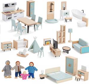 lot 19498 image: Giant bean 36pcs Wooden Dollhouse Furniture Set 5 Rooms 4 Family Dolls, Wood and Plastic Blue Dollhouse Accessories, Pretend Play Furniture Toys Christmas Birthday Gift for Boys Girls Kids Toddlers 3
