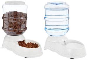 lot 19505 image: Amazon Basics Automatic Pet Water Dispenser and Gravity Food Feeder Set for Cat and Dog, Easy to Clean, 6-Pound Food Capacity, 1-Gallon, Small, Gray, Pack of 2