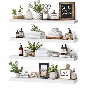 lot 19509 image: ABSWHLM Floating Wall Shelves 4-Pack - Rustic White 16-inch Wooden Wall Shelves for Storage and D�cor, Multi-Functional and Easy to Install for Living Room, Bedroom, and Kitchen