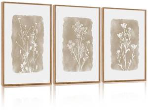 lot 19513 image: CHDITB Vintage Floral Framed Canvas Wall Art Set Of 3, Minimalist Wall Decor, Nature Inspired Wildflower Wall Painting, Neutral Botanical Flower Art Prints For Dining Room Bedroom Decor(12X16 Inch)