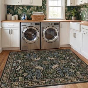 lot 19522 image: Washable 4x6 Area Rug for Living Room - Soft Moody Rug for Kitchen, Office, Large Entryway, Rustic Botanical Decor, Non-Slip Low Pile Dark Green and Brown Ultra Soft Bird Carpet