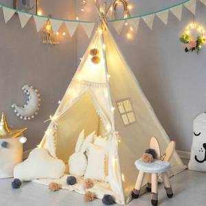 lot 19534 image: TreeBud Kids Teepee Tent with Padded Mat, Banner, Fairy Lights, Yarn Ball, Carry Bag, Beige Cotton Canvas Play Tent for Child with Tassels Lace, Play House Tipi for Kids Room Decor