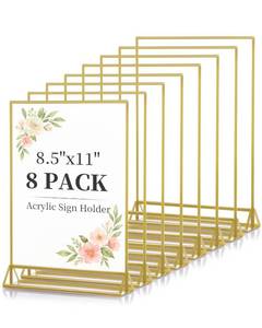 lot 19552 image: Dynta Acrylic Sign Holder 8.5x11 8pck Clear Table Display Stands Double Sided Table Sign Holders, Menu Holder for Wedding, Party, Office, Store, Home Use (Gold Frame)