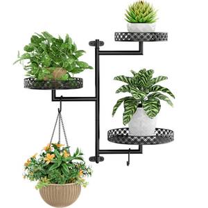 lot 19559 image: OVICAR Rotating Window Plant Shelves - Indoor Wall Plant Stand 3-Tier Floral Metal Window Shelf Holder for Multiple Plants with Hanging Hooks Home Decor Black