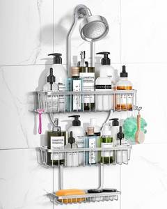 lot 19568 image: MSAICOE Shower Caddy Hanging - Never Rust Shower Hanging Organizer - Aluminum Over the ShowerHead Caddy with 6 Hooks for RazorSponge (Silver)