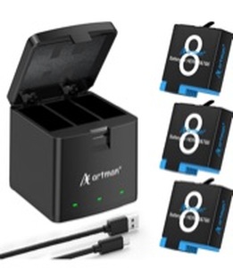 lot 20419 image: A Artman Battery 1500mAh for GoPro Hero 8765 Black and 3-Channel LED USB Charger Fully Compatible with GoPro Hero 8 Battery and Charger (3-Pack)