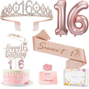 lot 20436 image: Sweet 16 Birthday Party Decorations for Girls, Sweet 16 Sash and Tiara, Cake Toppers, Number Candles and Balloons, 16th Birthday Gifts for Girls