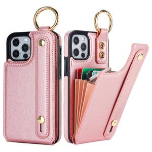 lot 20462 image: Folosu for iPhone 1212 Pro Wallet Case with Card Holder, Hand Wrist Strap Loop Holder Kickstand, RFID Blocking Finger Grip Ring PU Leather Double Buttons Shockproof Cover 6.1 Rosegold