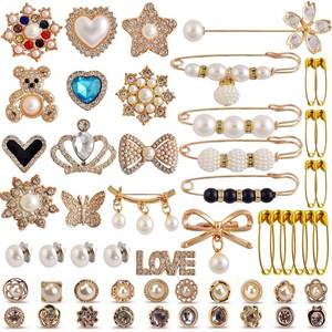 lot 20463 image: Charms for Socks Safety Pin Brooch,55pcs Junk Sock Charms Pins Gold Bling Sock Jewelry Charms,Brooch Pins for Socks,Pearl Rhinestone Brooch Pins Costom Shoe Sock Charms Kit Bulk for Hat Clothes