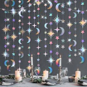 lot 20498 image: Patelai Glitter Star Moon Garland Banner Decor, 130 Feet Star Hanging Bunting Banner Gold Bright Moon Paper Garland for Graduation Class Congrats Grad Eid Muburak Party Decoration (Multi Color)