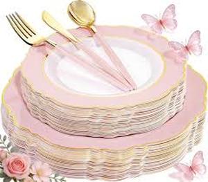 lot 11700 image: WDF Pink And Gold Premium Heavyweight Plastic Dinnerware Set