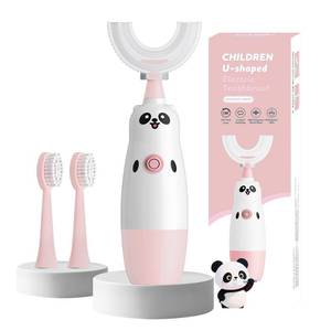 lot 4393 image: Hikid Kids U-Shaped Electric Toothbrush with 2 Brush Heads, Toddlers Sonic with 360 Degree Cleaning, Soft Bristles, Battery Included, IPX7 Waterproof, Cute Cartoon for Girls and Boys,Ages 2-7 (Pink)