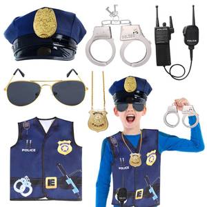 lot 4457 image: Keymall Kids Police Officer Costume Set 6 Pcs Including Cop Hat Vest Sunglasses Badge Walkie Talkie for Pretend Play Dress Up (Set D)