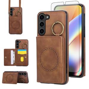 lot 4470 image: Compatible with Samsung Galaxy S23 5G Wallet Case and Screen Protector Crossbody Shoulder Strap Ring Buckle Stand Card Holder Magnetic Car Mount Cell Phone Cover for S 23 23S SM-S911U Women Men Brown