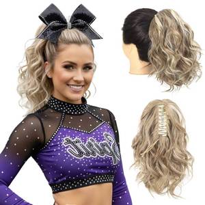 lot 4472 image: SEIKEA 10 Short Claw Highlight Ponytail Extension, PT001 Ella Wavy Curly Thick Jaw Clip in Hair Extensions Ponytail Soft Natural Looking Synthetic Hairpiece Dark Blonde White Blonde Highlights