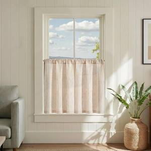 lot 4475 image: jinchan Striped Linen Kitchen Curtains 30 Inches Length Tier Curtains Farmhouse Modern Cafe Style Small Window Treatments Airy Light Filtering Rod Pocket for Living Room Bathroom 2 Panels Tan