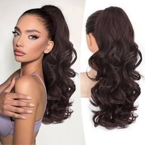 lot 4476 image: ALXNAN Claw Long Wavy Ponytail Extension,18 Inch Curly Pony Tail Clip in Hair Extensions for Women,Dark Brown Clip on Pony Tails Hair Extensions