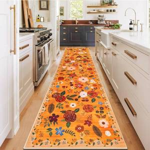 lot 5459 image: UArtlines 26 x 10 Fall Boho Runner Rug for Hallways Kitchen Colorful Floral Soft Non Slip Washable Floor Carpet Runners for Entryway Laundry Room Bathroom Orange