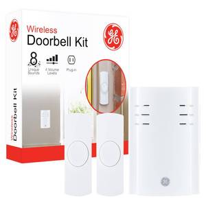 lot 6106 image: GE Wireless Doorbell Kit, Plug-In Receiver, 2 Push Buttons Door Bell, 8 Melodies Doorbell Chime, 4 Volume Levels, Classroom Doorbell, 150 Ft Range, White, 19300 incomplete