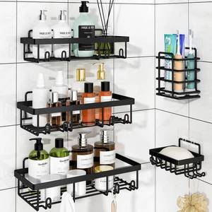 lot 6249 image: Liuoud 5 Pack Shower Caddy Organizer Rack Shelf for Inside Shower, Adhesive Bathroom Wall Storage Basket Rustproof Stainless Steel Shampoo Holder, Bathroom Accessory Decor Set, Black.