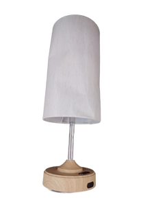 lot 6260 image: Modern Table Lamp with White Fabric Shade and Wood Base charging cable not included