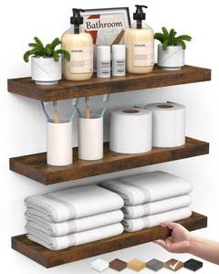 lot 11729 image: BAYKA Floating Shelves Bathroom for Wall �� Shelf Over Toilet Farmhouse Rustic Wood for Bedroom, Kitchen, or Living Room Decor Organization, Bathroom Decor Shelves �� Rustic Brown, Set of 3