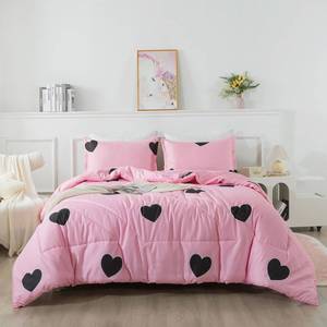 lot 11763 image: Caressma Love Pattern Girls Pink Comforter Set Full Size, Blush Pink Cute Love Heart Sexy Comforter Bedding Set for All Seasons, Geometric Microfiber 3 Pieces Comforter Set with Pillowcases