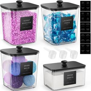 lot 11769 image: 4 Pack Laundry Pods Container, Clear Laundry Room Organization Containers,Large Laundry Detergent Powder Storage Containers Black Wooden Lids & Labels, Acrylic Laundry Pods Holder for Scent Booster (One Lid Is Damaged)