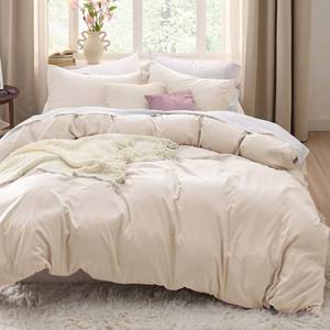 lot 11835 image: Bedsure Oat Milk Duvet Cover Queen Size - 3 Pieces Prewashed Cotton-Like Polyester Extra Soft Bedding Set, Includes 1 Duvet Cover 90x90 Inches with Zipper Closure & 2 Pillow Shams, No Comforter