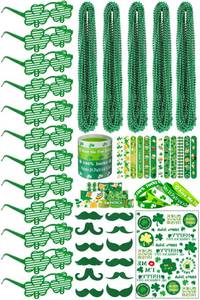 lot 12071 image: LENOAPHYS St Patricks Day Accessories for Women St Pattys Accessories Decorations Party Favor Packs Bulk Glasses Wristbands Necklace Green Beard Tattoo Stickers Slap Bracelets