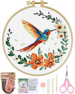 lot 12105 image: ERKOON Embroidery Kit for Beginners, Hummingbird and Flower Cross Stitch Set for Include Embroidery Cloth Hoops Threads for Craft Lover Hand Stitch (Colorful Hummingbird)