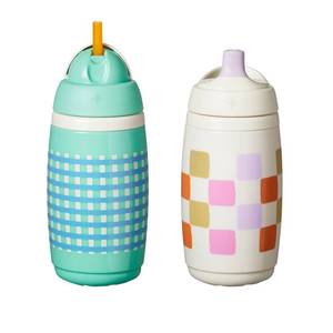lot 12112 image: Tommee Tippee Active Straw Toddler Cups, 9 oz, Insulated Sippy Cups For Toddlers 1-3, Silicone Straw and Leak-Proof Valve, Mint and Beige, Pack of 2